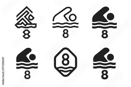 Swim Tracker Logos. Swim tracking. Set Logo of Swim tracking: swimmer lane icon with lap counter. harmonious logo variations of the same emblematic concept,