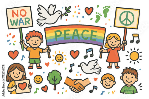 Colorful Peaceful Protest. Peaceful protest. Colorful Hand-drawn doodle Children illustration Peaceful protest signs, doves, banners, hearts, smiling faces,