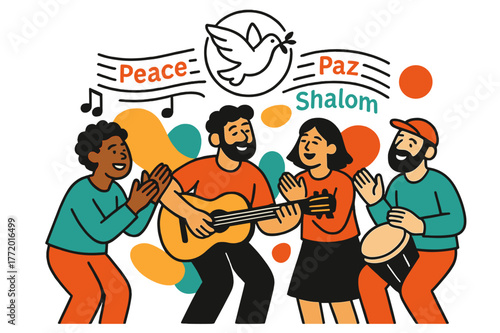 Cultural Harmony Celebration. Cultural Exchange & Music. A circle of people clap and sing with guitar and hand drum; lyric lines read ?Peace, Peace? in shared
