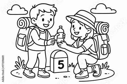 Travelers Helping Each Other. Gratitude and kindness on the road children?s coloring book illustration, outlined drawing, travelers sharing water and helping