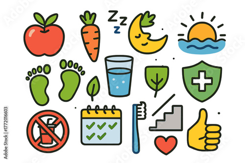 Healthy Habits Doodle. Healthy habits. Colorful Hand-drawn doodle Children illustration Healthy habits apple, carrot, water glass, sleep moon, sun rise,