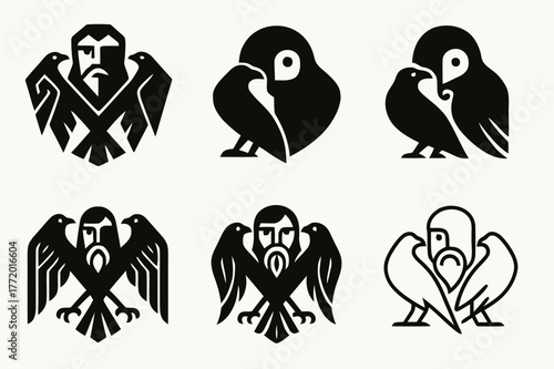 Mythical Deity Logos. Ancient gods and goddesses in a mystical landscape. Set Logo of Ancient gods and goddesses in a mystical landscape: Odin twin ravens.