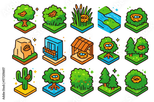 Colorful Nesting Habitats. nesting habitats. Colorful isometric vector icons set of nesting habitats: forest canopy, shrub thicket, reed bed, riverbank, cliff