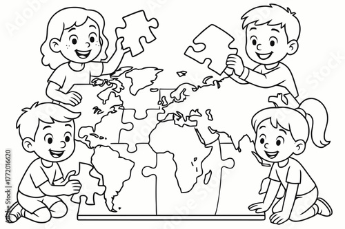 World Map Puzzle Fun. World map puzzle children?s coloring book illustration, outlined drawing, continents shaped as puzzle pieces being placed together by