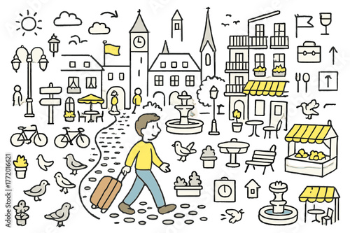 Colorful Historic City Stroll. Historic city walk. Hand-drawn doodle illustration person walking (colored), cobblestone street (colored), historic buildings