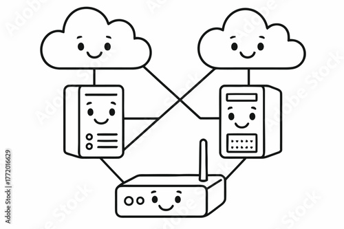 Digital Network Coloring Fun. Internet network children?s coloring book illustration, outlined drawing, smiling routers and servers connected by lines forming