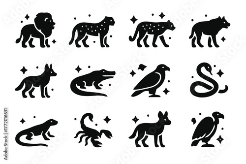 Savanna Predator Icons. Predators of the Savanna. Solid icons set of Predators of the Savanna: lion, cheetah, leopard, hyena, jackal, crocodile, eagle, snake,