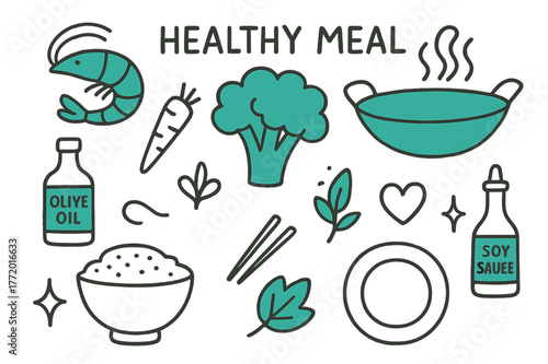 Doodle-Style Healthy Meal. // Healthy meal. Hand-drawn doodle illustration Healthy meal [shrimp (accented), broccoli (accented), carrot, wok (accented), soy