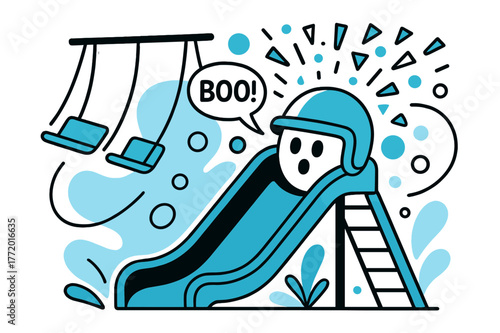 Playful Slide Surprise. Playground Slide Surprise. A helmet pops from the slide mouth with a whisper ?boo!?; swings behind trace smooth arcs. Confetti shapes