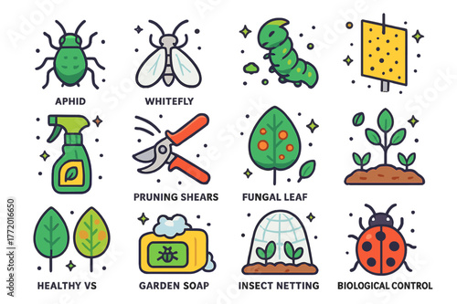 Pest Control Icons. Pest and disease control. Colorful isometric vector icons set of Pest and disease control: aphid insect, whitefly, tomato hornworm, yellow