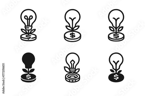 Innovative Logo Variations. Entrepreneurship. Set Logo of Entrepreneurship: lightbulb sprouting from coin. harmonious logo variations of the same emblematic