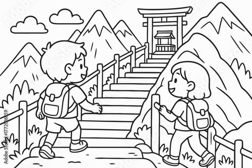 Mountain Shrine Adventure. Mountain shrine hike children?s coloring book illustration, outlined drawing, kids climbing gentle steps with railings toward a tiny