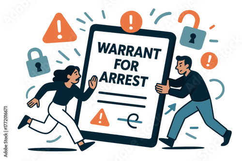 Modern Digital Arrest Warrant. Warrant for arrest. Digital representation of an arrest warrant on tablet with abstract floating warning icons, locks, and