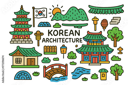 Korean Architecture Doodles. Korean Architecture. Colorful Hand-drawn doodle Children illustration Korean Architecture pagoda, palace, hanok house, gate,