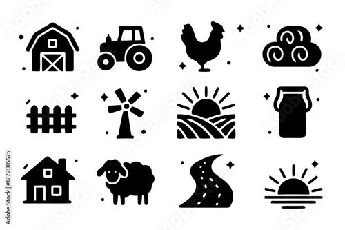 Farm Icons Dawn. Farm at daybreak. Solid icons set of Farm at daybreak: barn, tractor, rooster, hay bales, fence, windmill, field rows, milk pail, farmhouse,