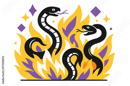 Fiery Serpent Dance. Writhing Serpents in Fire. Serpents emerging from a blazing inferno with floating abstract geometric flames and sparks, dramatic and