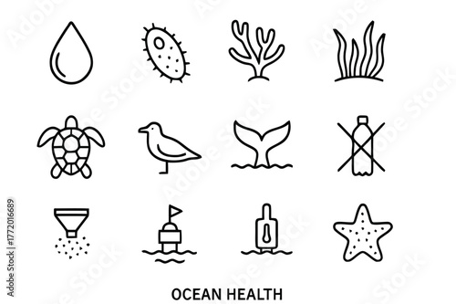 Ocean Health Icons. Ocean Health. Line icon set of Ocean Health: clean water droplet, plankton icon, coral branch, seagrass bed, sea turtle, seabird, whale