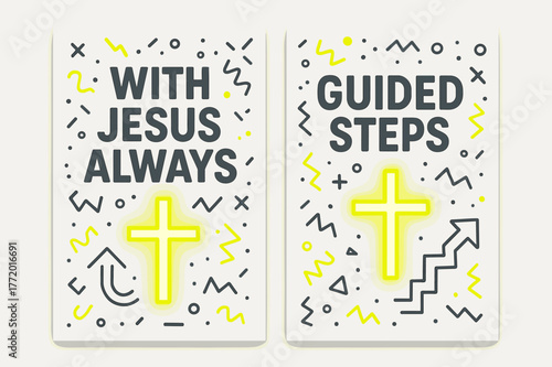 Journey with Christ. Journey with Christ. Two vertical A6 banners with safe margins, centered composition, no elements touching edges, memphis, charcoal and