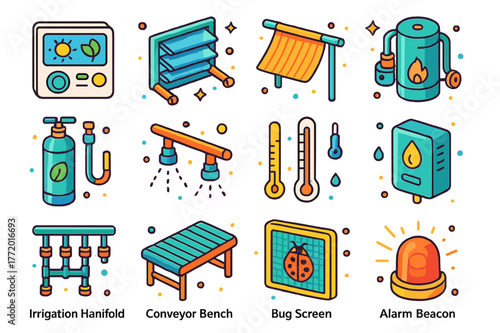 Greenhouse Automation Icons. Greenhouse automation. Colorful isometric vector icons set of greenhouse automation: climate controller, vent actuators, shade