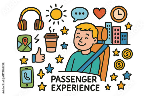 Colorful Passenger Experience. Passenger experience. Colorful Hand-drawn doodle Children illustration Passenger experience car seat, headphones, coffee cup,