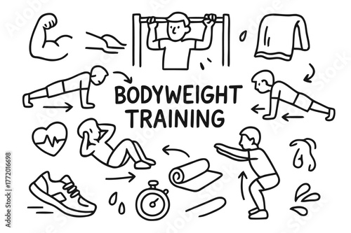 Bodyweight Exercise Doodles. Bodyweight training. Hand-drawn doodle illustration bodyweight training pull-up bar, push-up pose, sit-ups, plank, squats, running