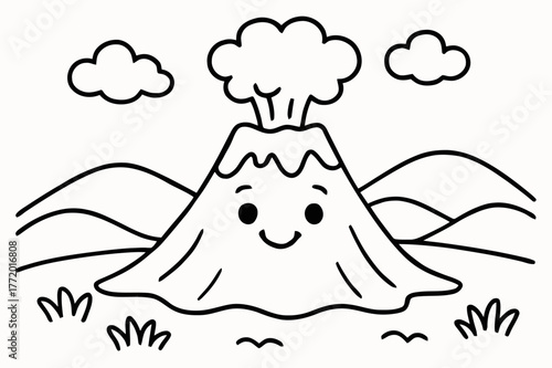 Friendly Volcano Coloring. Volcano children?s coloring book illustration, outlined drawing, a friendly volcano with a smiling face and a gentle puff of ash