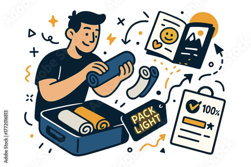 Dynamic Packing Scene. Packing essentials. He rolls shirts into neat cylinders while stickers spill from a journal; ?Pack light? glows on the luggage tag. A