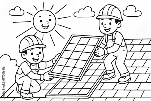 Solar Rooftop Coloring Page. Solar panel installations children?s coloring book illustration, outlined drawing, smiling workers placing solar panels on a sunny