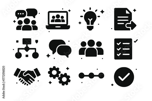 Team Collaboration Icons. Team Collaboration. Solid icons set of Team Collaboration: group chat, laptop screen, lightbulb, document share, workflow chart,