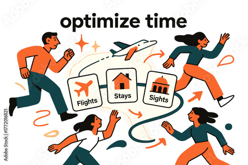 Optimized Travel Itinerary. AI Assistants ? Trip Planner. Cards for flights, stays, and sights snap into a smooth itinerary line; a tiny plane follows the