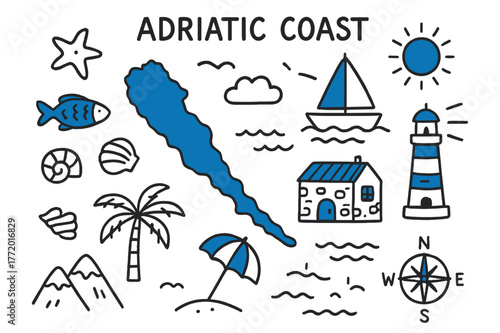 Adriatic Coast Illustration. // Adriatic coast. Hand-drawn doodle illustration Adriatic coast [coastal map (accented), sailboat (accented),