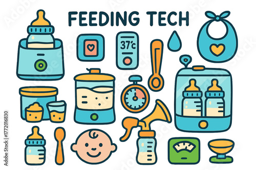 Feeding Tech Doodles. Feeding tech. Colorful Hand-drawn doodle Children illustration Feeding tech bottle warmer, milk temperature display, formula dispenser,