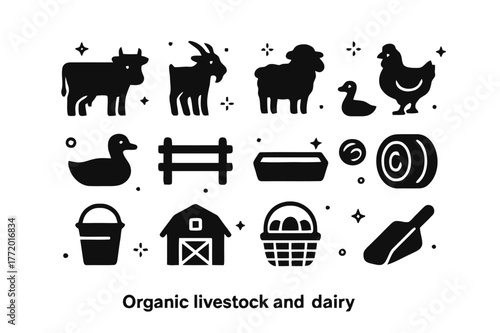 Organic Icons Display. Organic livestock and dairy. Solid icons set of Organic livestock and dairy: cow, goat, sheep, chicken, duck, pasture fence, water
