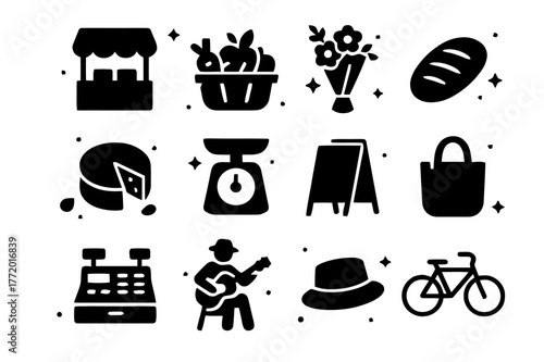 Local Market Icons. Local markets and street life. Solid icons set of Local markets and street life: market stall, produce basket, flower bouquet, bread loaf,