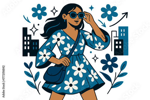 Boho-Chic Urban Vibes. A young woman wearing a boho-chic dress and oversized sunglasses. Woman posing with crossbody bag and sunglasses in urban setting;