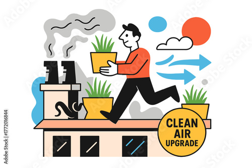 Green Rooftop Retrofit. Air pollution ? Green retrofit rooftop. Vents replaced by planters; arrows show filtered airflow across grasses. A sticker proclaims