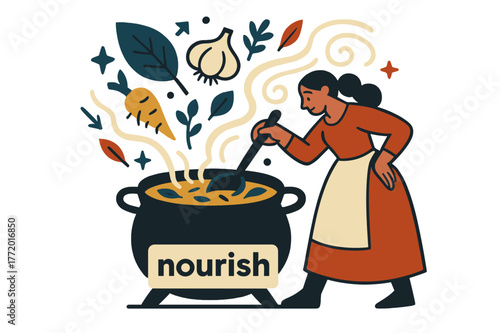 Herbal Stew Symphony. Keeper of the Hearth ? Herbal Stew. Leaves, garlic, and root icons swirl into a simmering pot; aroma lines curl like music. Label