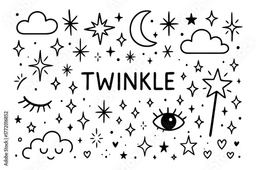 Celestial Doodle Icons. Twinkle. Hand-drawn doodle illustration twinkle stars, sparkles, crescent moon, eyelashes, blinking eyes, shooting star, wand, glitter