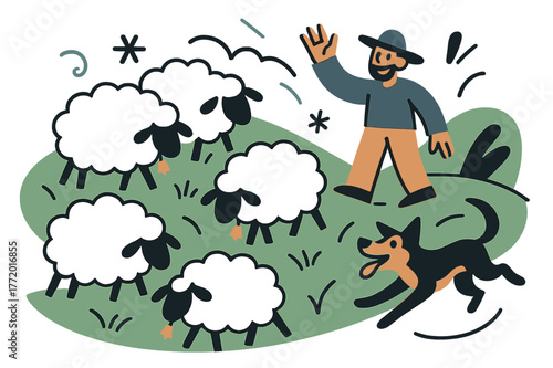 Shepherd's Pastoral Symphony. Grazing sheep. Woolly shapes nibble a green hillside as bells ping like tiny stars; a shepherd waves ?Hello, meadow!?. A playful