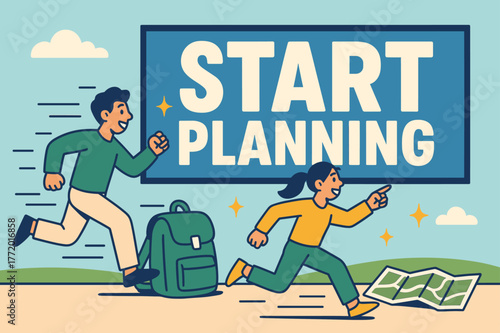 Adventure Awaits Banner. Let's discover banner, flat vector illustration, bold oversized text inside rectangular frame, cartoon characters running