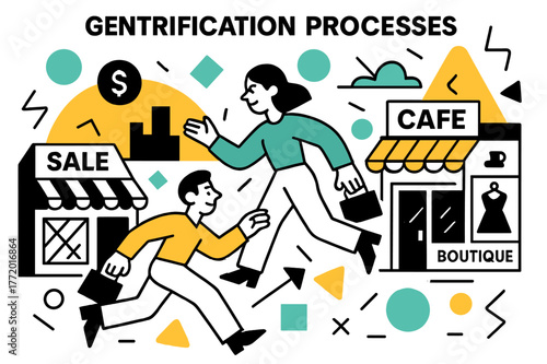 Urban Transition Artistry. Gentrification Processes. Cafes and boutiques replacing older shops with floating abstract geometric shapes and urban icons, dynamic
