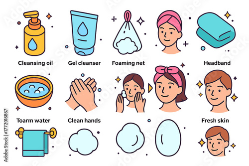 Face Cleansing Essentials Icons. Face cleansing essentials. Colorful isometric vector icons set of Face cleansing essentials: cleansing oil, gel cleanser,