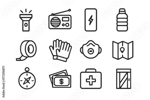 Urban Survival Icons. Urban Survival. Line icon set of Urban Survival: flashlight, radio, power bank, water bottle, duct tape, work gloves, dust mask, paper