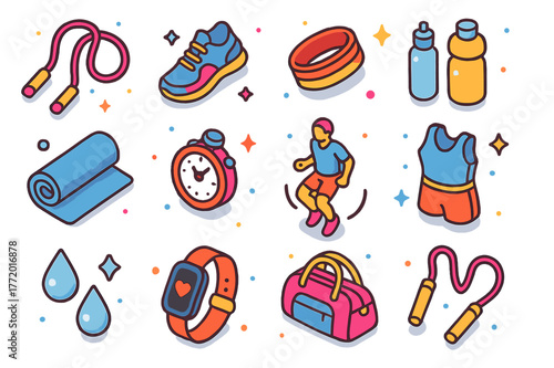 Colorful Cardio Icons. Cardio exercise. Colorful isometric vector icons set of cardio exercise: jump rope, sneakers, sweatband, water bottle, gym