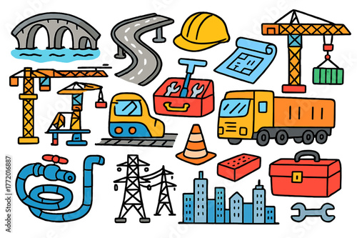 Infrastructure Doodle Art. Infrastructure boom. Colorful Hand-drawn doodle Children illustration Infrastructure boom bridge, highway, crane, hard