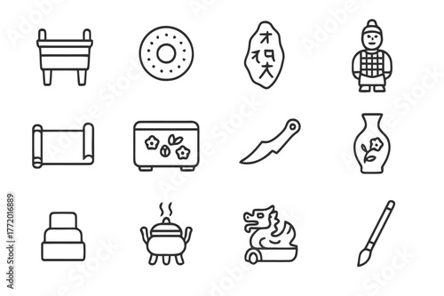 Chinese Antiquities Icons. Chinese antiquities. Line icon set of Chinese antiquities: bronze ding, jade bi disk, oracle bone, terracotta warrior, silk scroll,