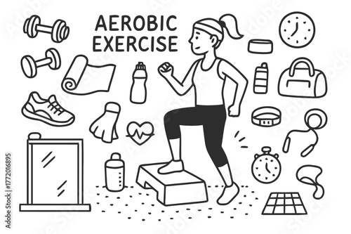 Aerobic Exercise Doodle. Aerobic Exercise. Hand-drawn doodle illustration Aerobic Exercise person stepping on platform, dumbbells, yoga mat, sneakers, water