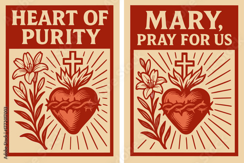 Heart of Purity Banners. Immaculate Heart. Two vertical A6 banners with safe margins, centered composition, no elements touching edges, bold, red and beige,