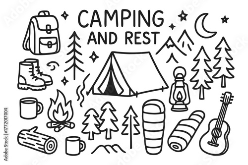 Camping Gear Doodle. Camping and rest. Hand-drawn doodle illustration camping and rest tent, campfire, trees, moon, stars, backpack, boots, lantern, mug, log,