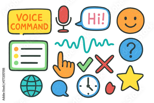 Colorful Voice Commands. Voice command prompts. Colorful Hand-drawn doodle Children illustration Voice command prompts wake word card, mic button, voice